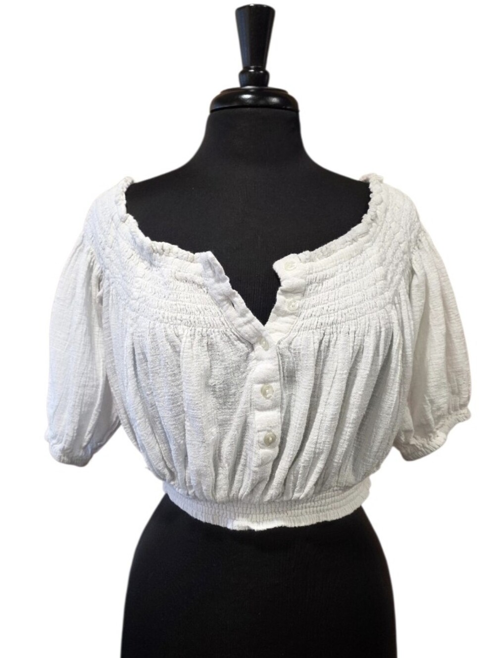Free People White Smocked Button-Front Crop Top